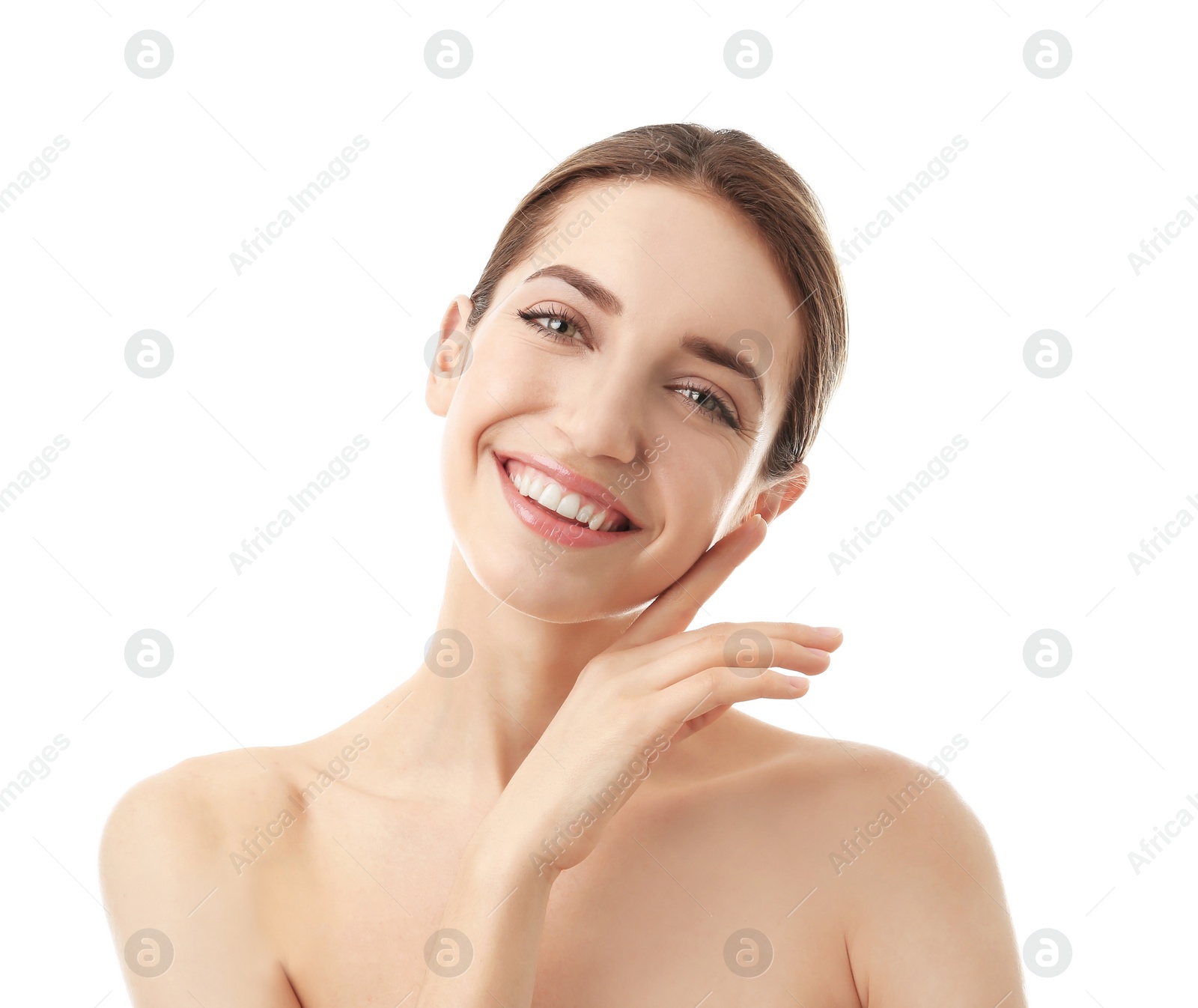 Photo of Beautiful young woman with silky skin on white background