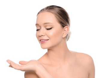 Portrait of young woman with beautiful face on white background