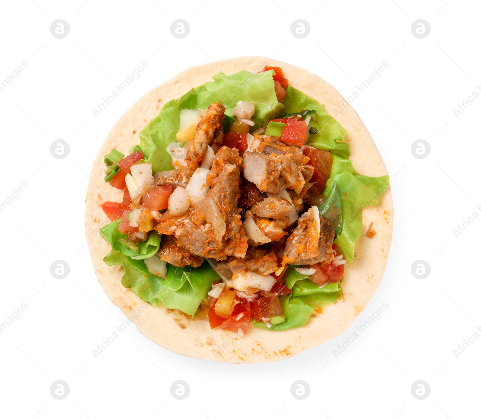 Photo of Delicious taco with vegetables and meat isolated on white, top view