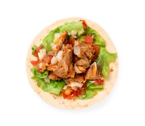 Photo of Delicious taco with vegetables and meat isolated on white, top view