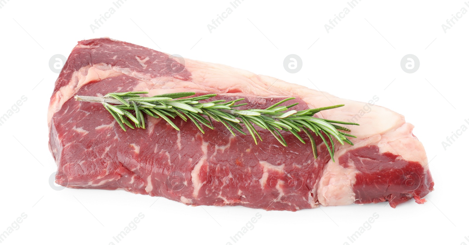 Photo of Raw beef steak and rosemary isolated on white