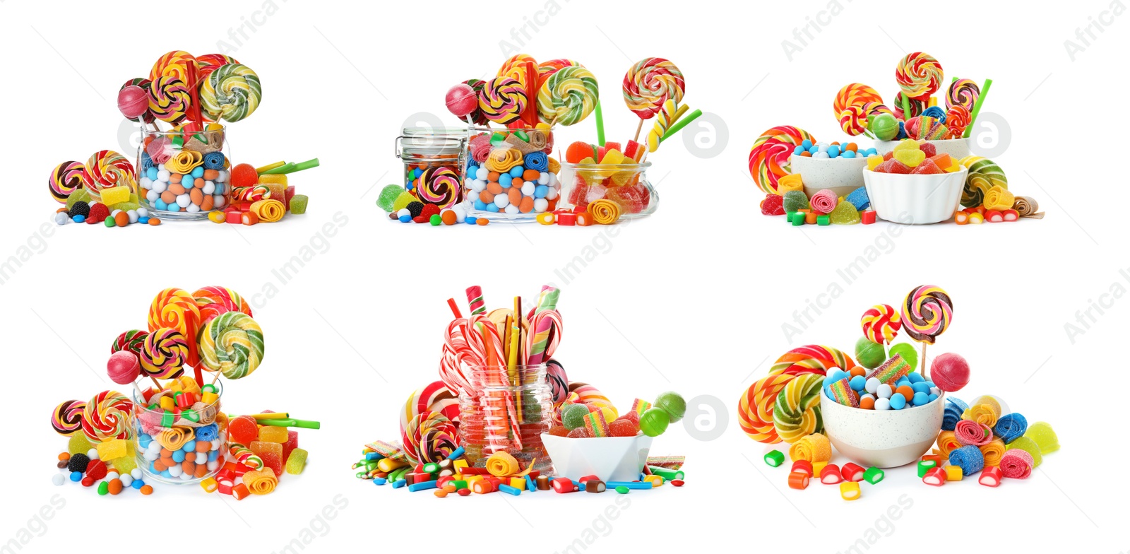 Image of Collage with different sweet candies isolated on white
