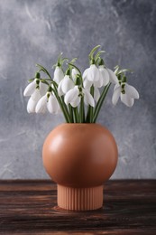 Beautiful snowdrops in vase on wooden table