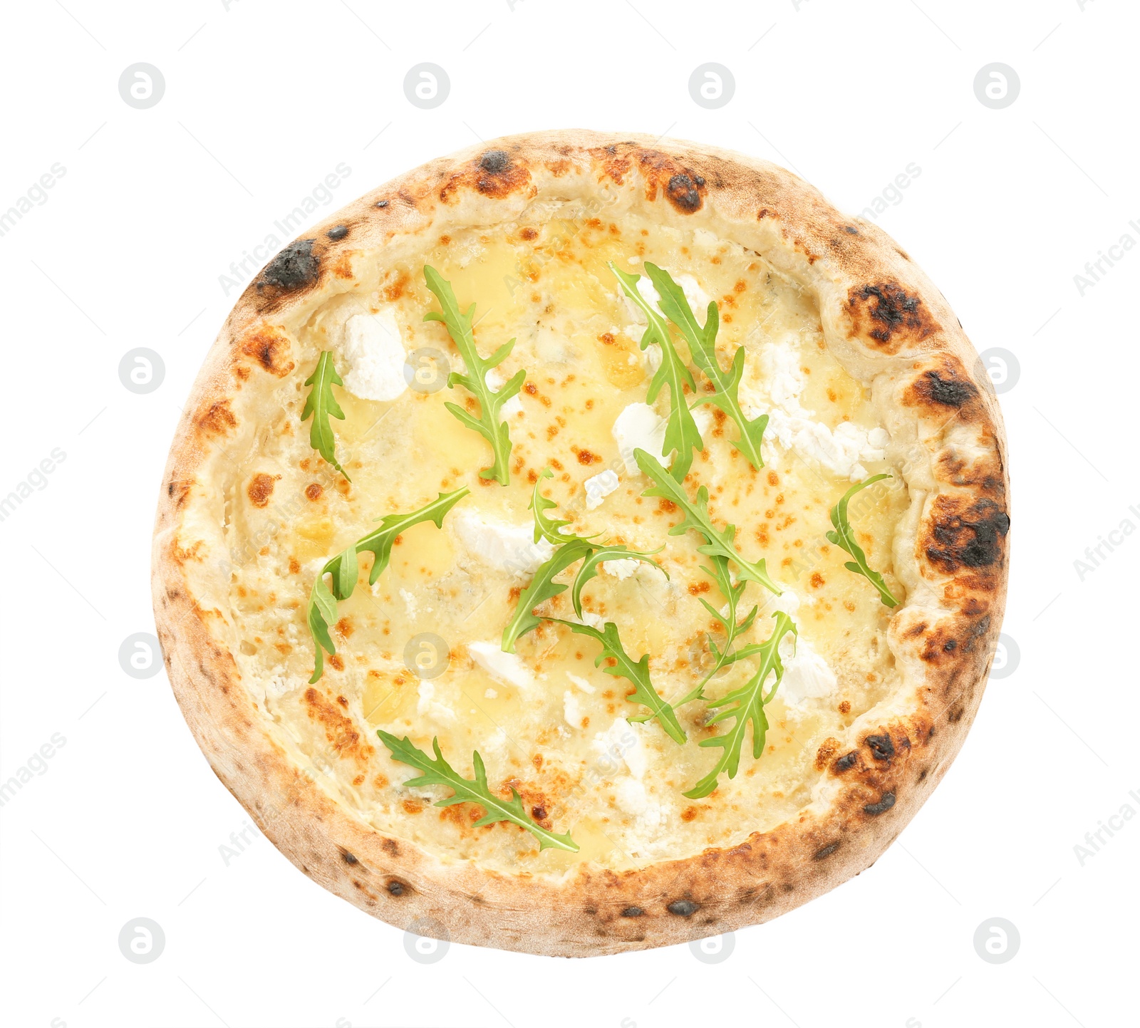 Photo of Delicious cheese pizza with arugula isolated on white, top view