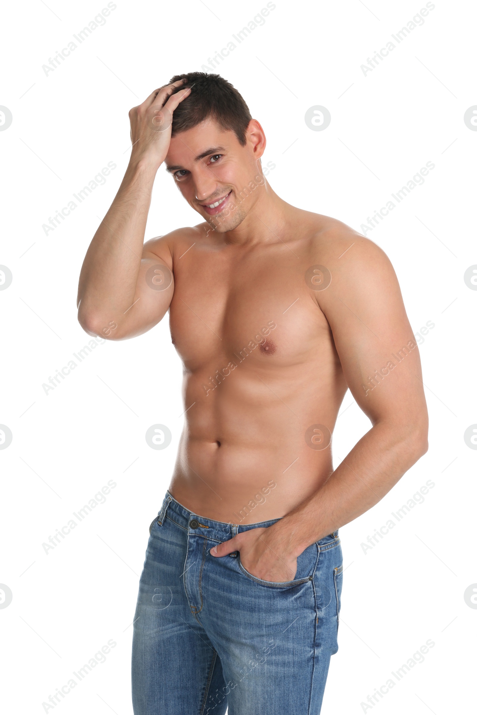 Photo of Man with sexy body on white background