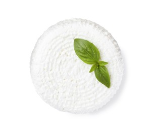 Photo of Fresh cottage cheese with basil isolated on white, top view