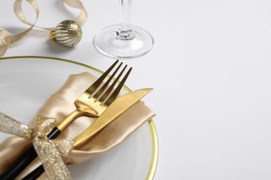 Beautiful Christmas table setting on white background, closeup