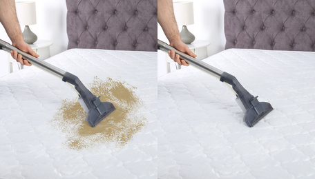 Image of Man disinfecting mattress with vacuum cleaner, closeup. Before and after cleaning