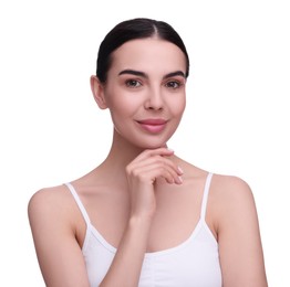 Beautiful woman with healthy skin on white background. Body Care