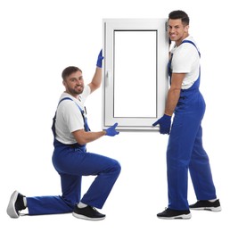 Workers with plastic window on white background. Installation service