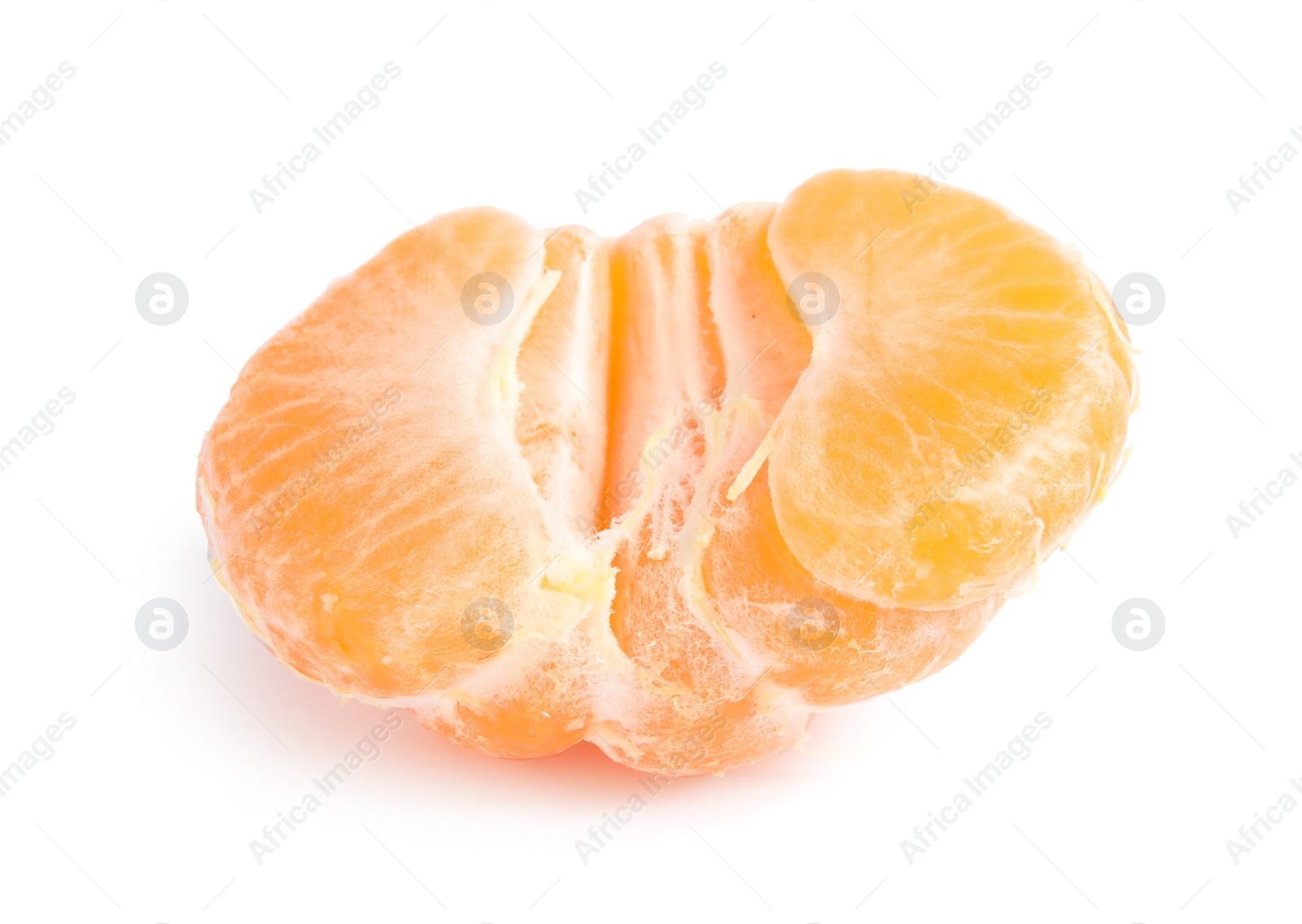 Photo of Half of peeled ripe tangerine on white background