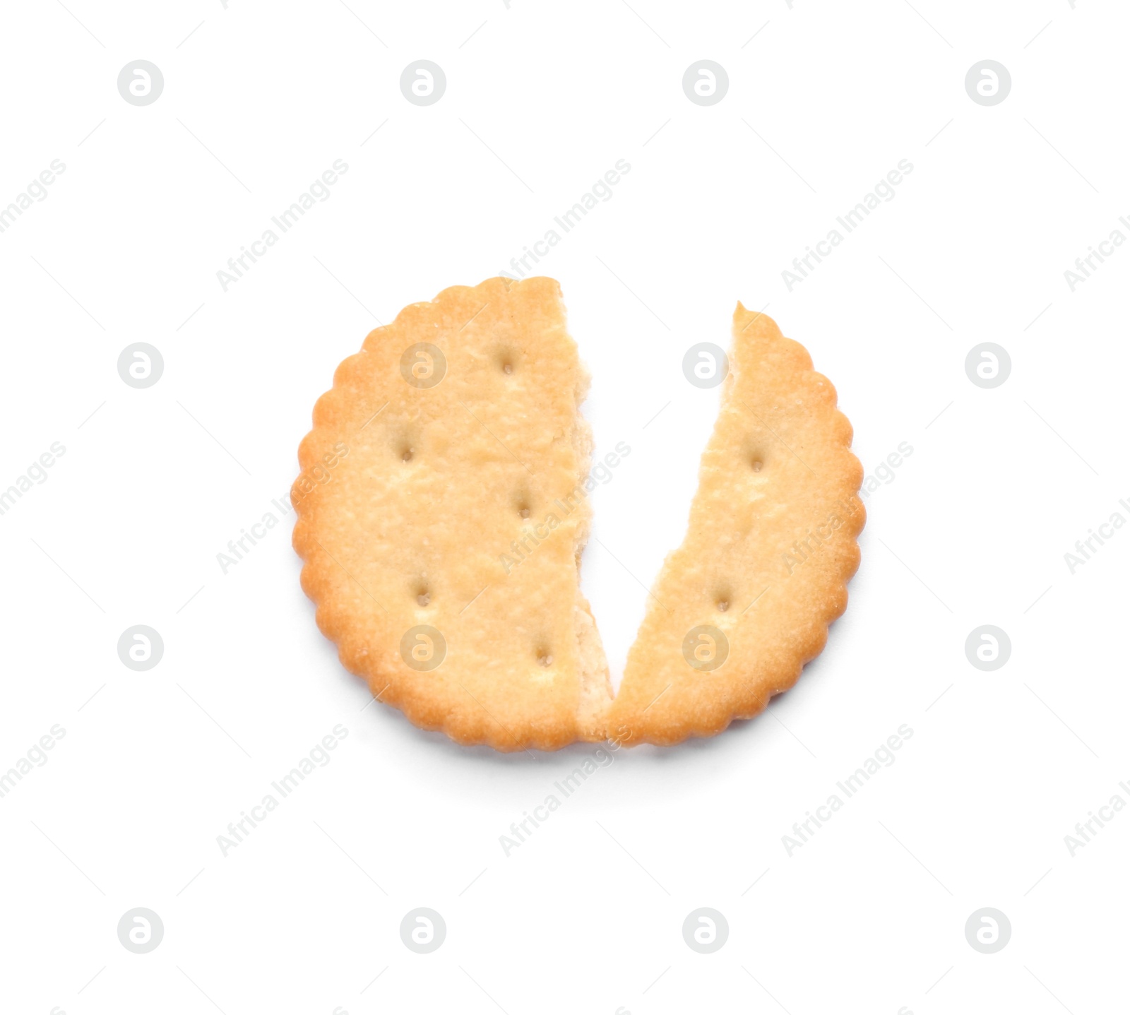 Photo of Broken delicious crispy cracker isolated on white, top view