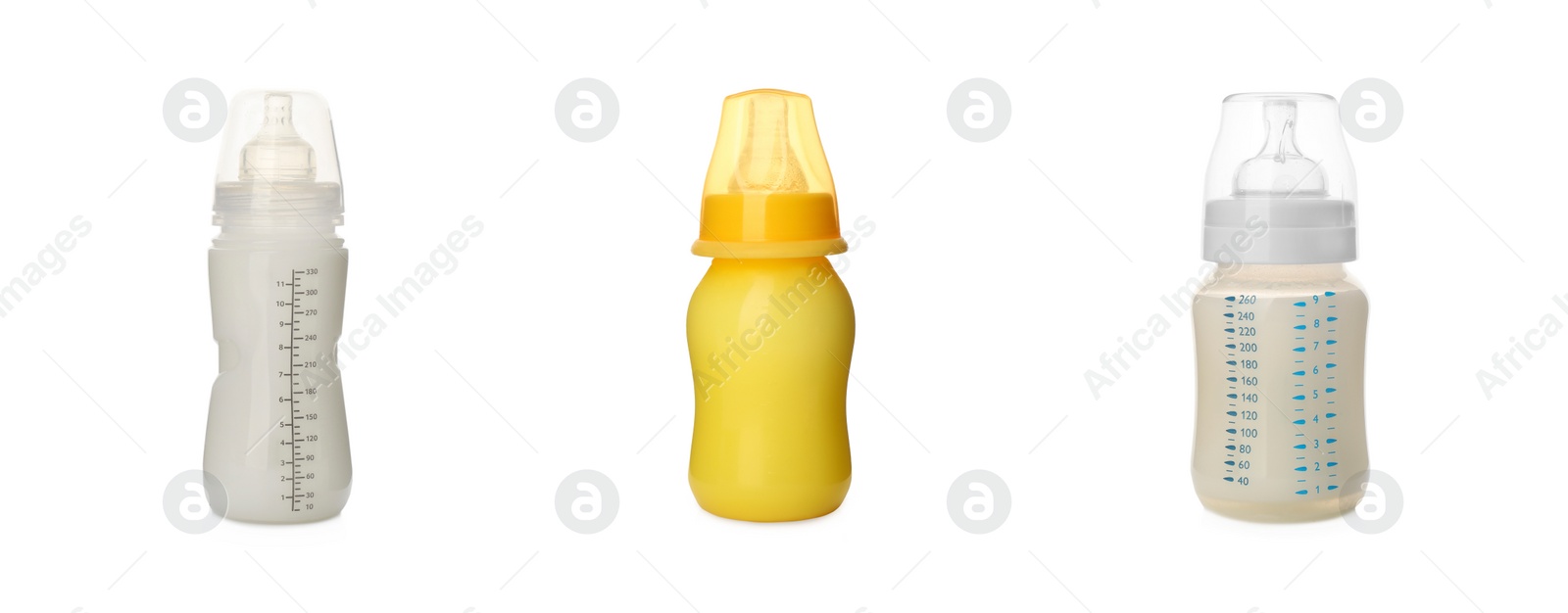 Image of Feeding bottles with infant formula on white background, collage. Baby milk