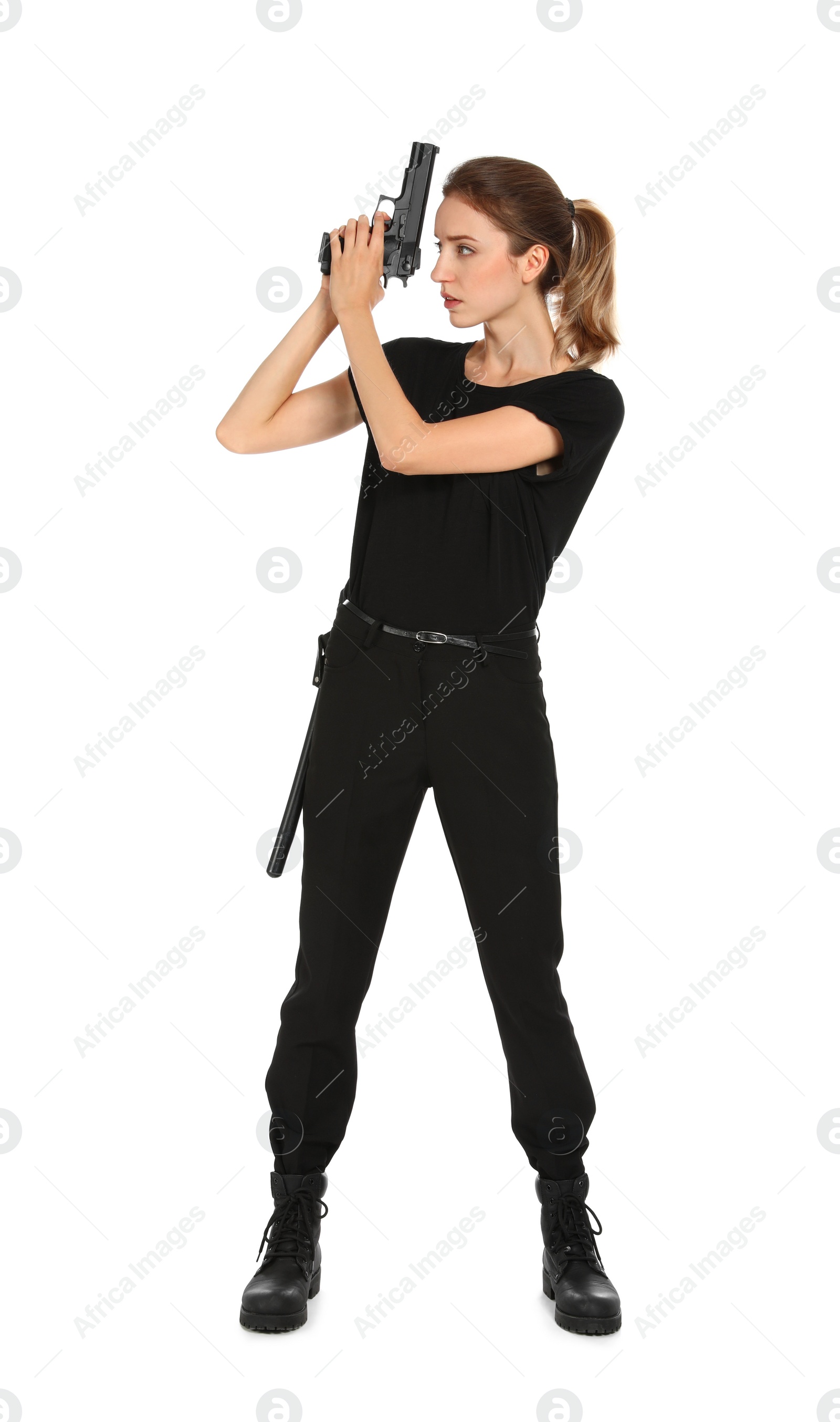 Photo of Female security guard in uniform with gun on white background