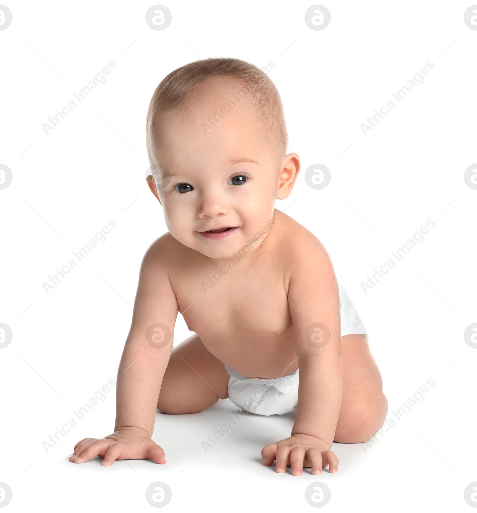 Photo of Cute little baby in diaper on white background