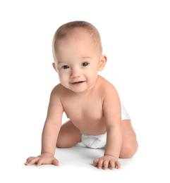 Cute little baby in diaper on white background