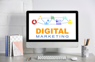 Image of Digital marketing concept. Workplace with modern computer 