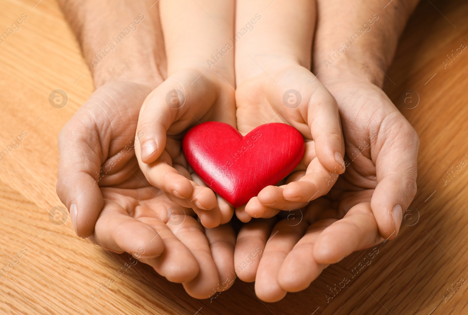 Photo of Man and kid holding red heart in hands at wooden table, closeup