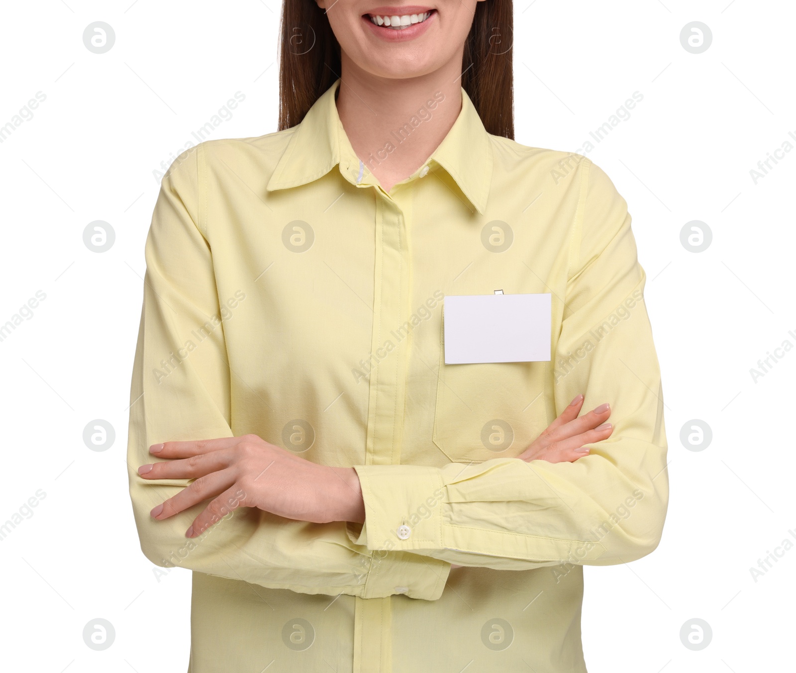 Photo of Woman with blank badge on white background, closeup