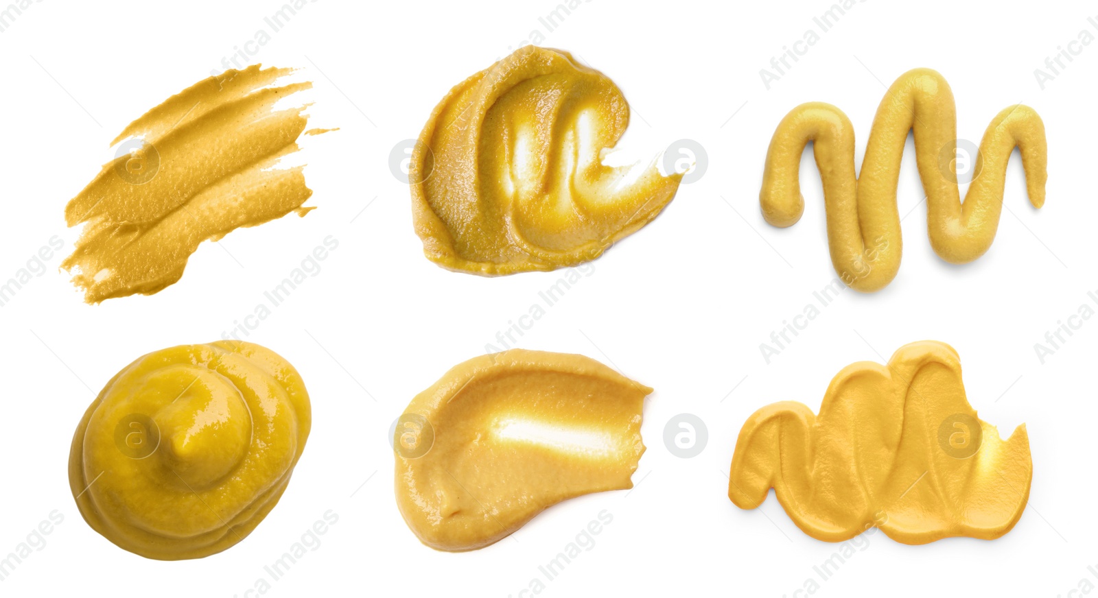 Image of Fresh mustard sauce isolated on white, set. Top view