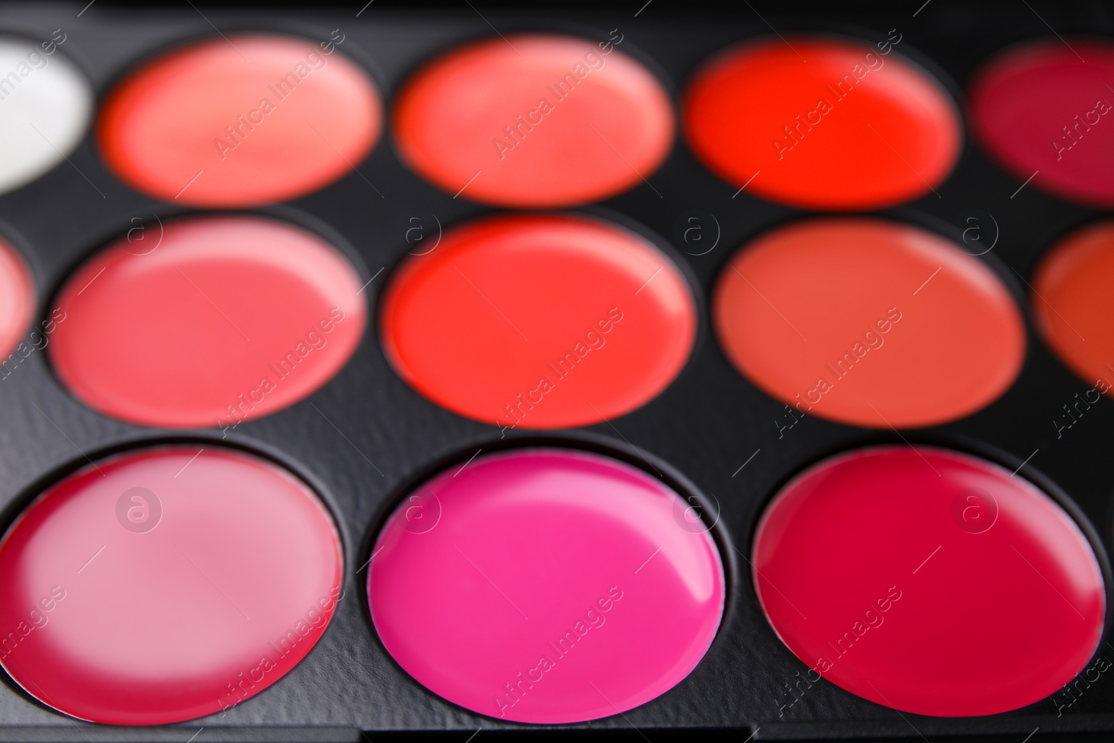 Photo of Cream lipstick palette as background, closeup. Professional cosmetic product