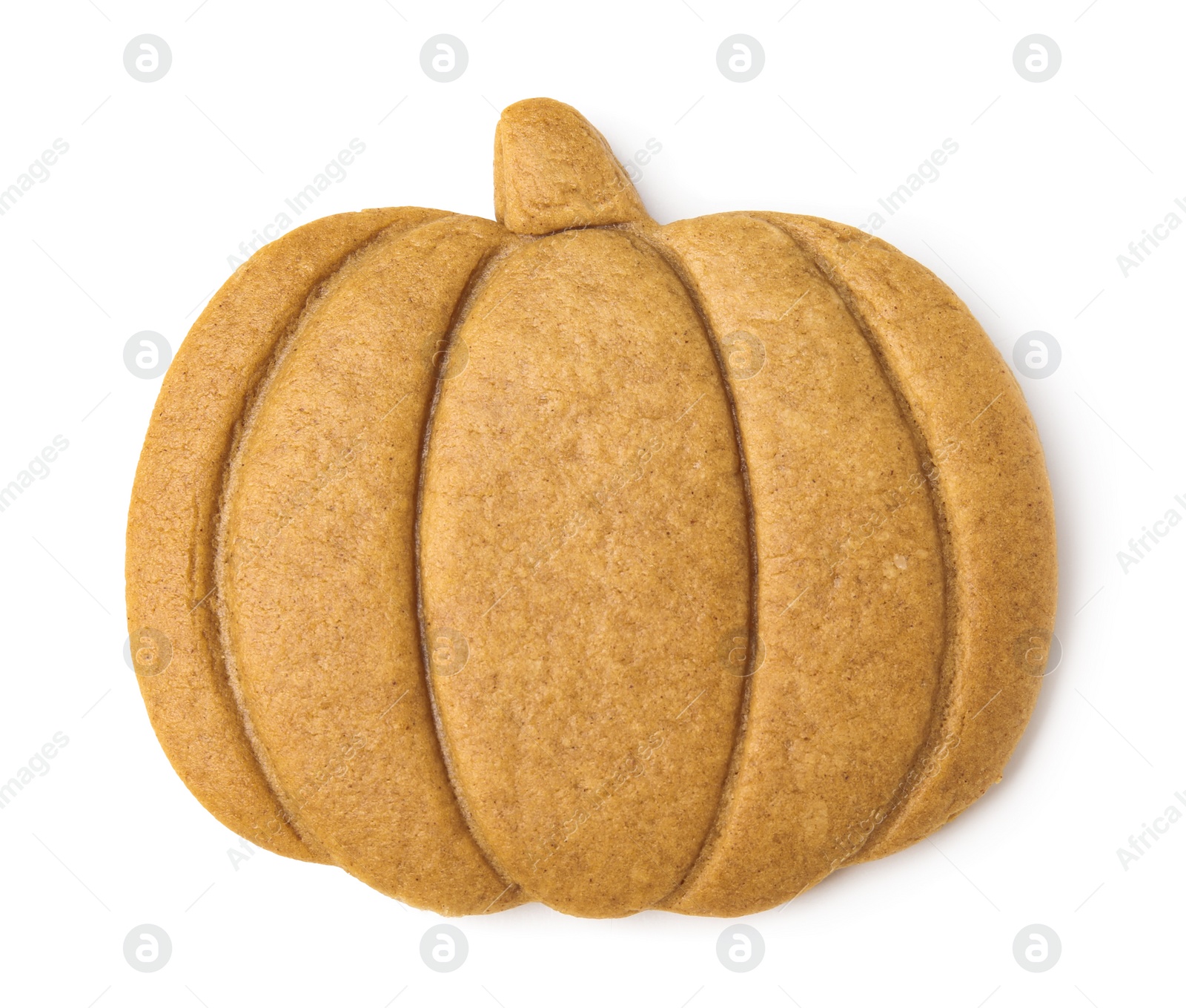 Photo of Tasty cookie in shape of pumpkin on white background, top view