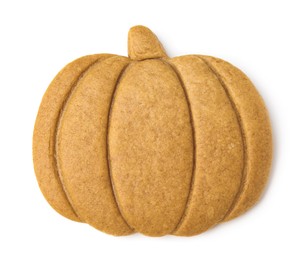 Photo of Tasty cookie in shape of pumpkin on white background, top view