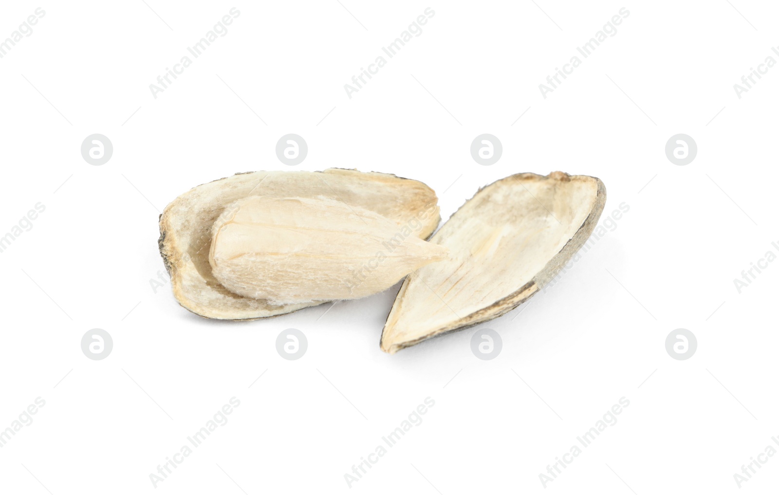 Photo of Raw peeled sunflower seed and shell isolated on white