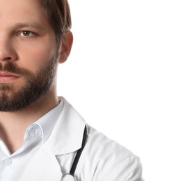 Doctor or medical assistant (male nurse) in uniform with stethoscope on white background, closeup