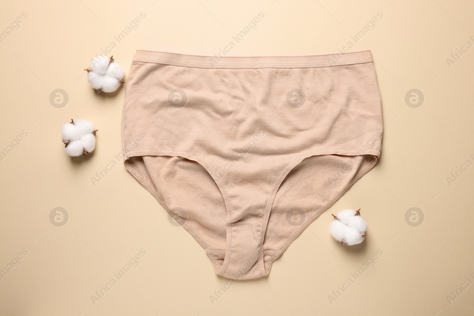 Photo of Comfortable women's underwear and cotton flowers on beige background, flat lay
