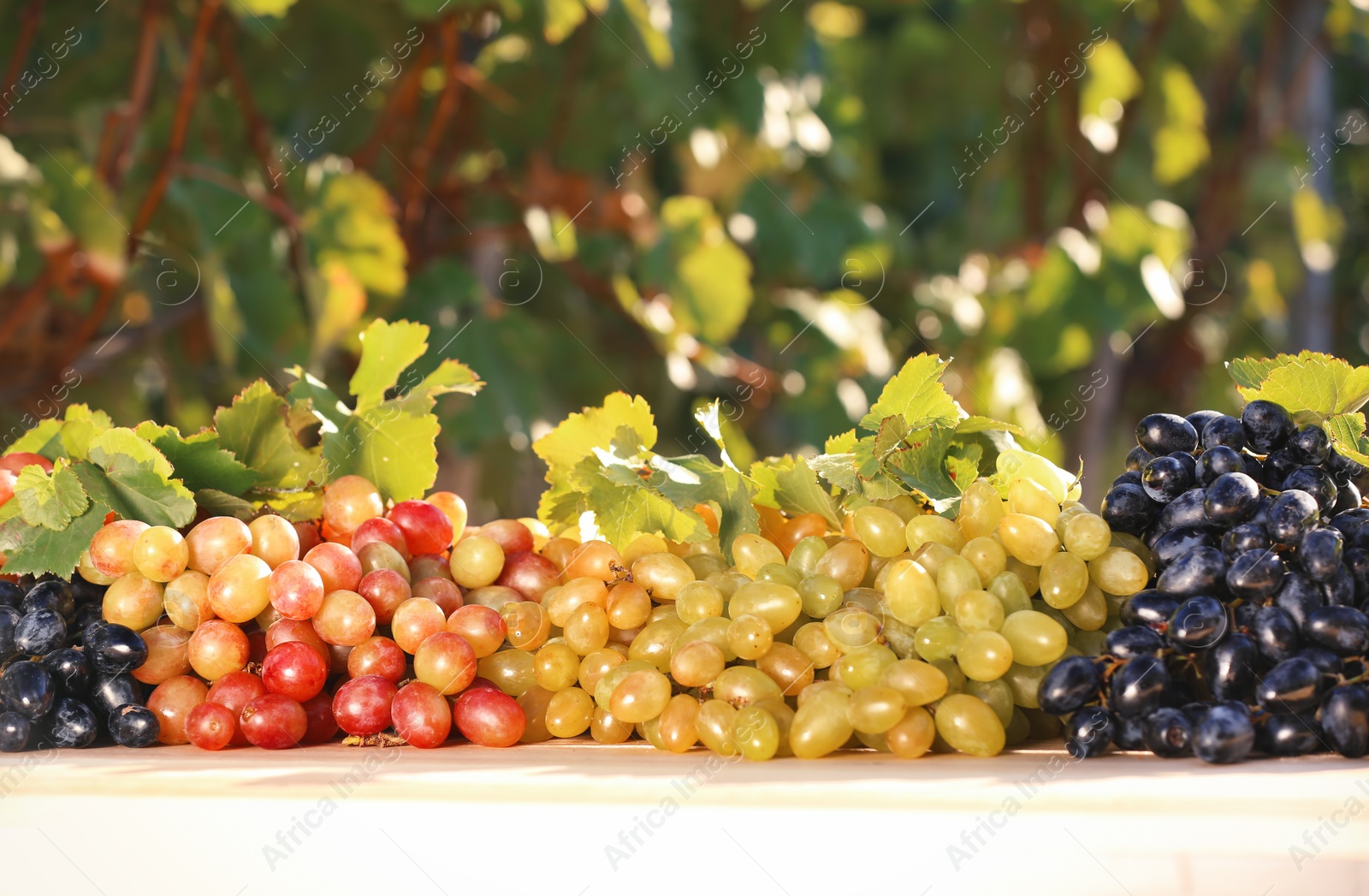 Photo of Fresh ripe juicy grapes on table against blurred background