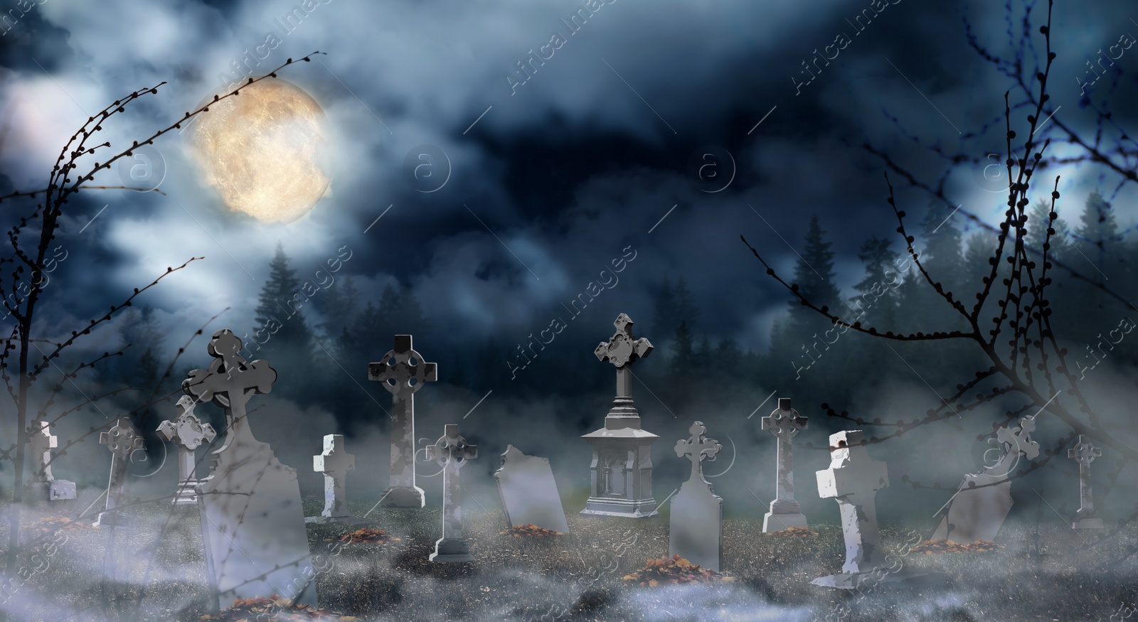 Image of Misty cemetery with old creepy headstones under full moon. Halloween banner design