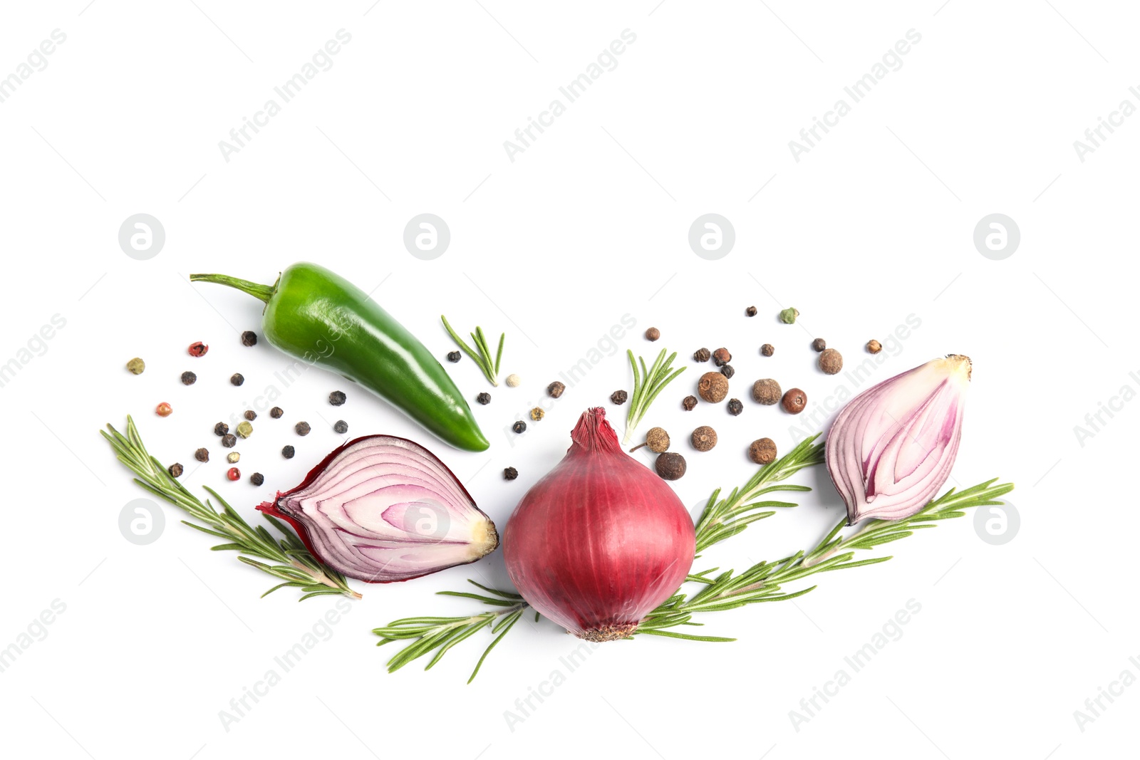 Photo of Beautiful composition with ripe red onions on white background