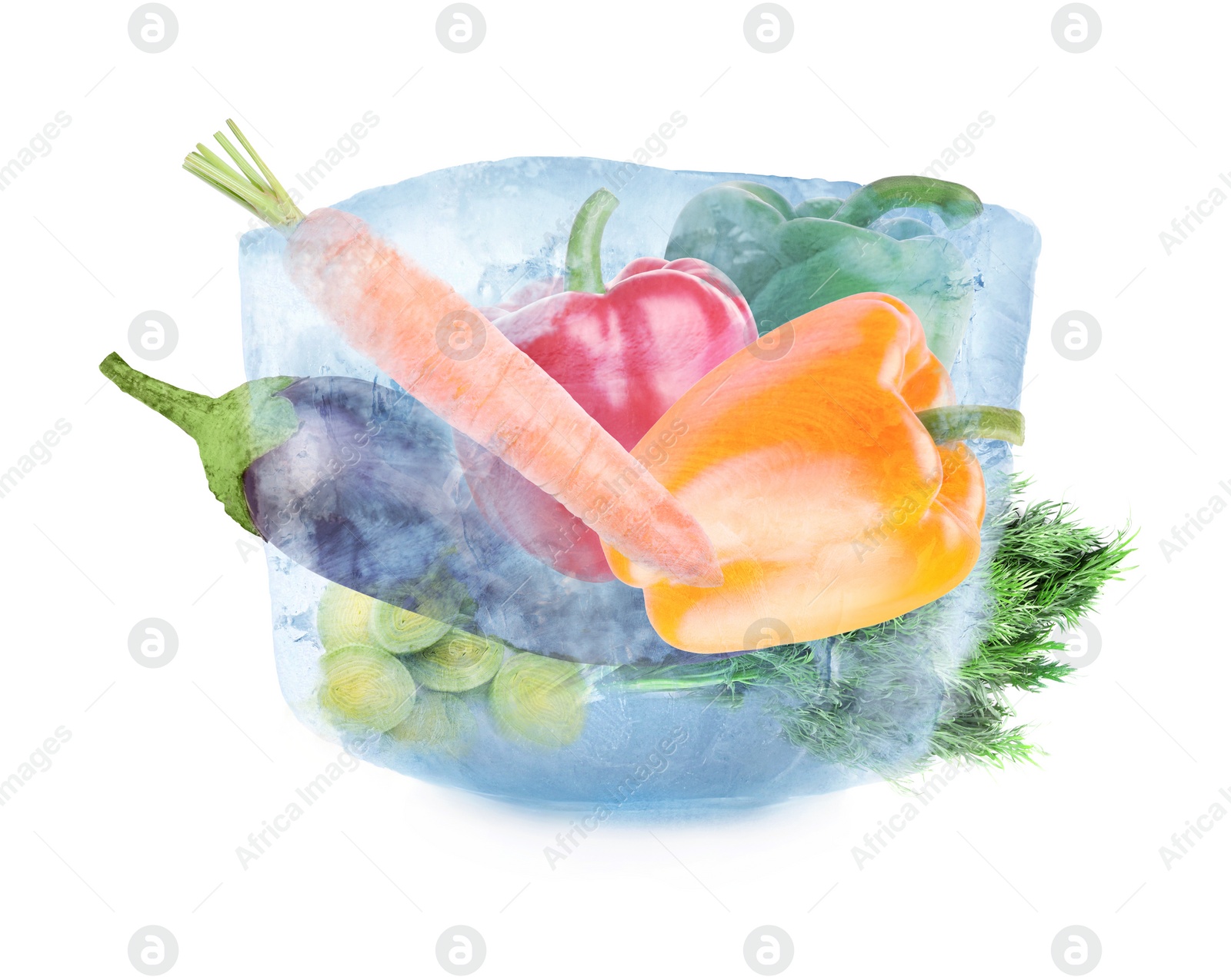Image of Frozen food. Raw vegetables in ice cube isolated on white