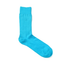 Photo of Blue sock on white background, top view