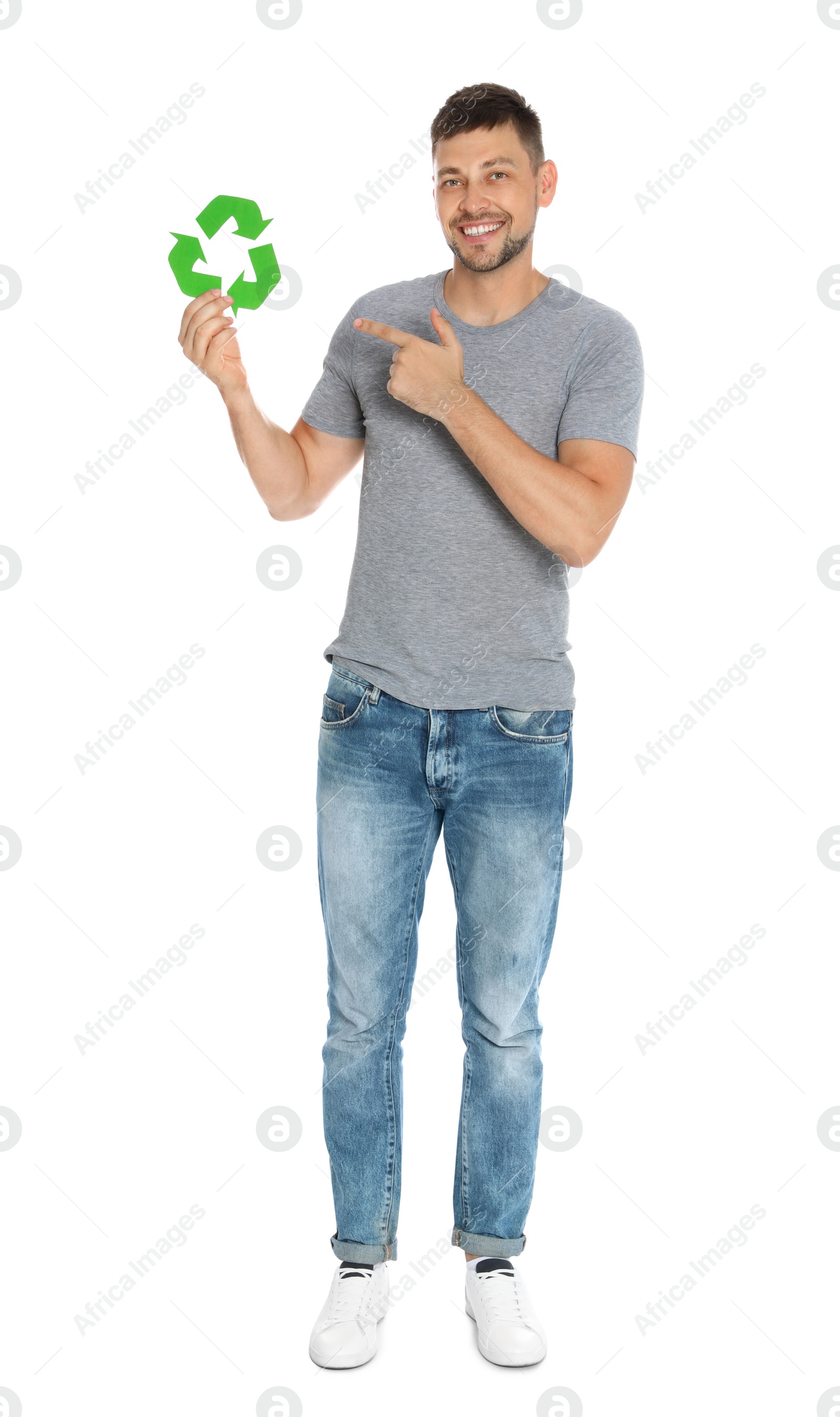 Photo of Man with recycling symbol on white background