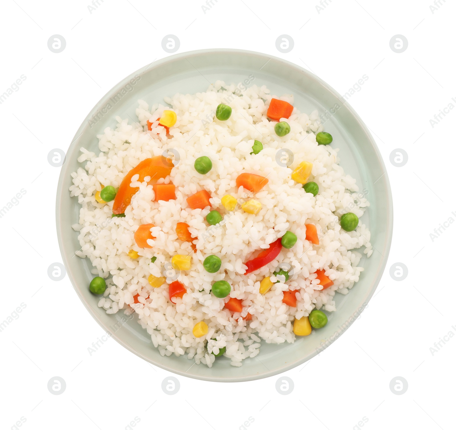 Photo of Delicious rice with vegetables isolated on white, top view