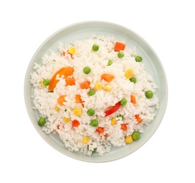 Delicious rice with vegetables isolated on white, top view