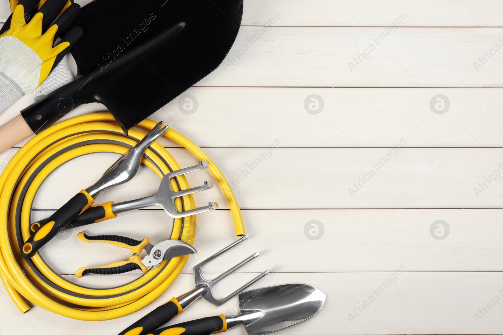 Photo of Flat lay composition with gardening tools on white wooden background. Space for text