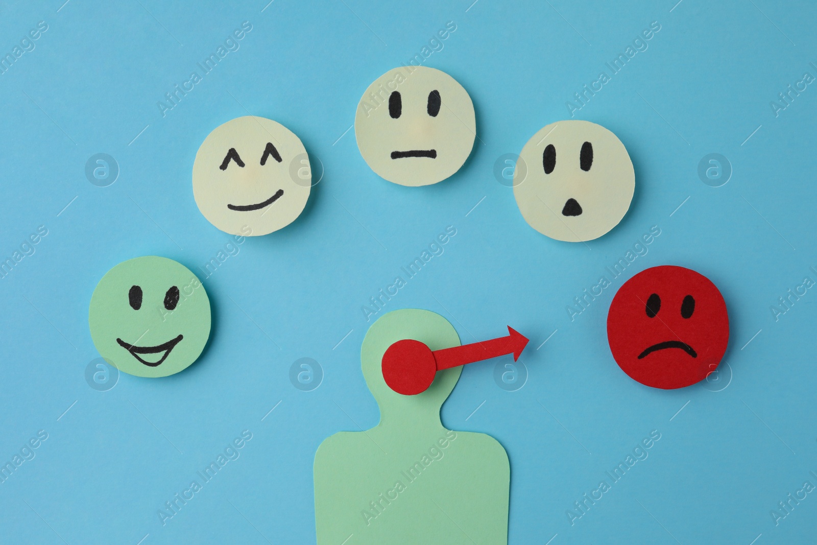 Photo of Mood indicator on light blue background, flat lay. Emotional management