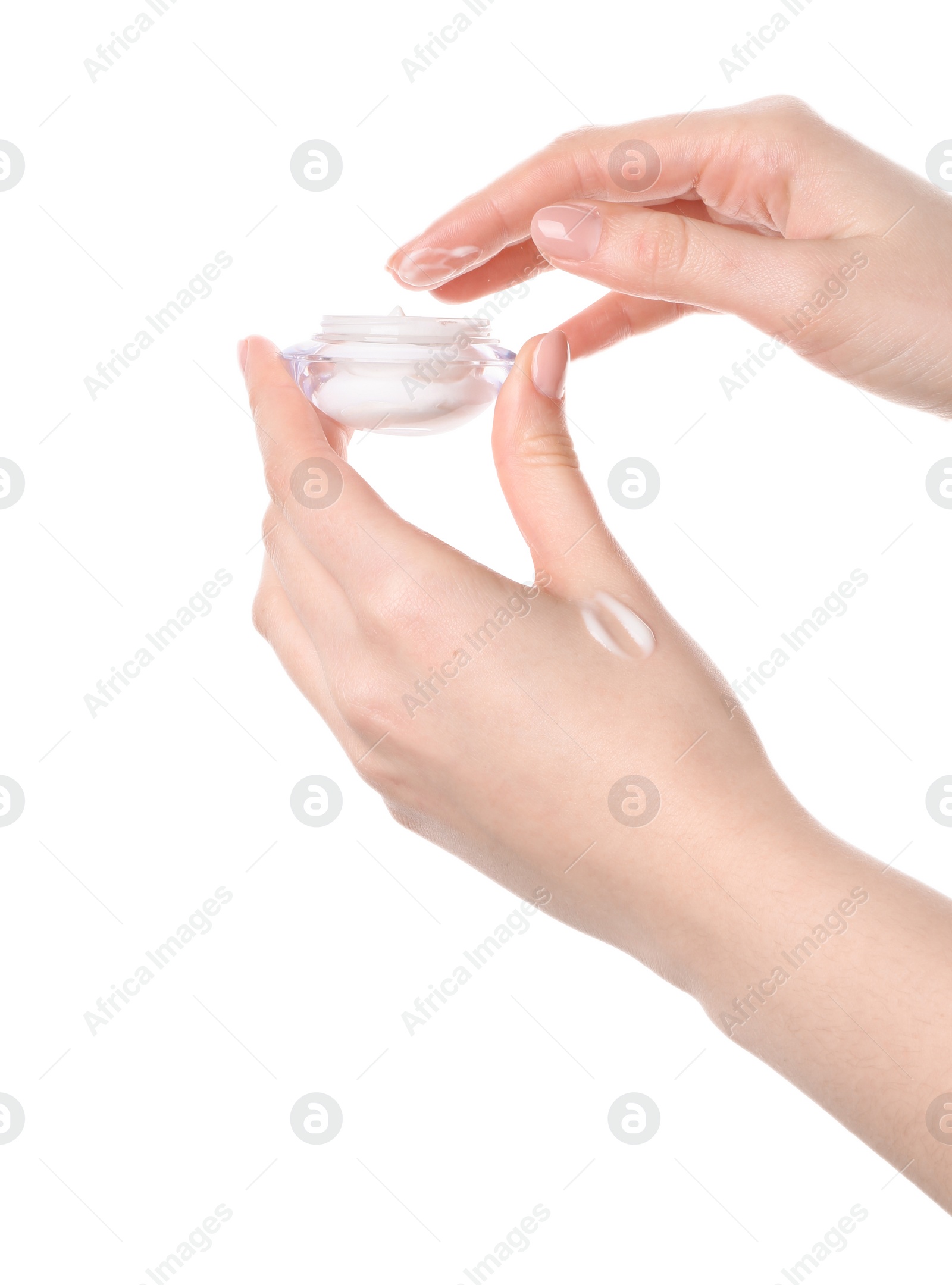 Photo of Woman with jar of cream on white background, closeup