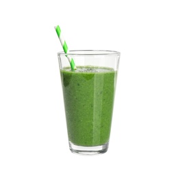 Photo of Green juice and straw in glass isolated on white
