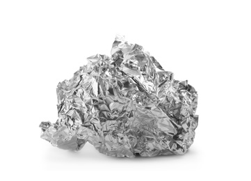 Photo of Crumpled ball of silver foil isolated on white