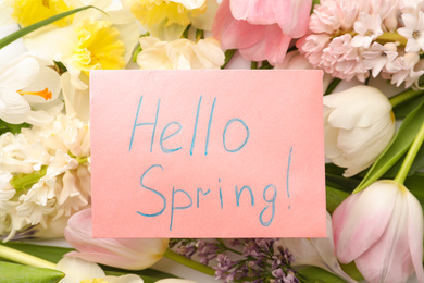 Photo of Pink card with words HELLO SPRING on fresh flowers, top view