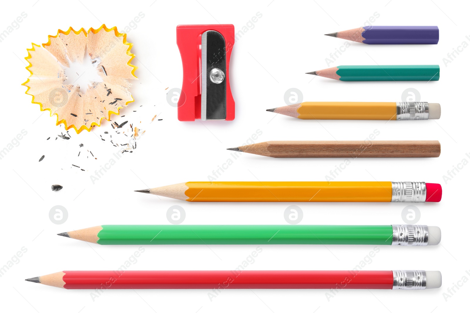 Image of Different graphite pencils, sharpener and shavings isolated on white, set