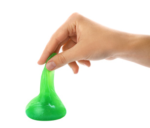 Photo of Woman playing with green slime isolated on white, closeup. Antistress toy