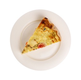 Photo of Piece of delicious homemade cheese quiche isolated on white, top view