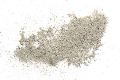 Photo of Pile of light dust scattered on white background, top view