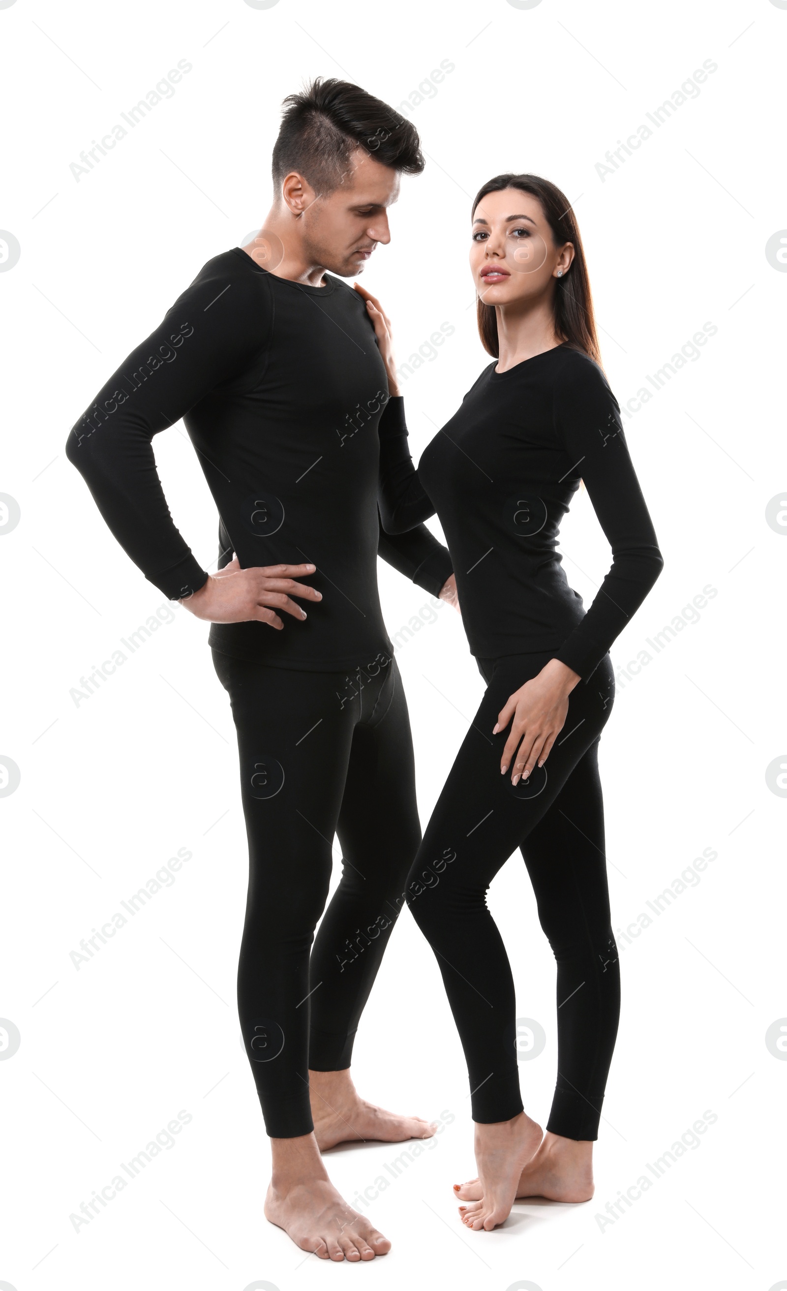 Photo of Couple wearing thermal underwear isolated on white