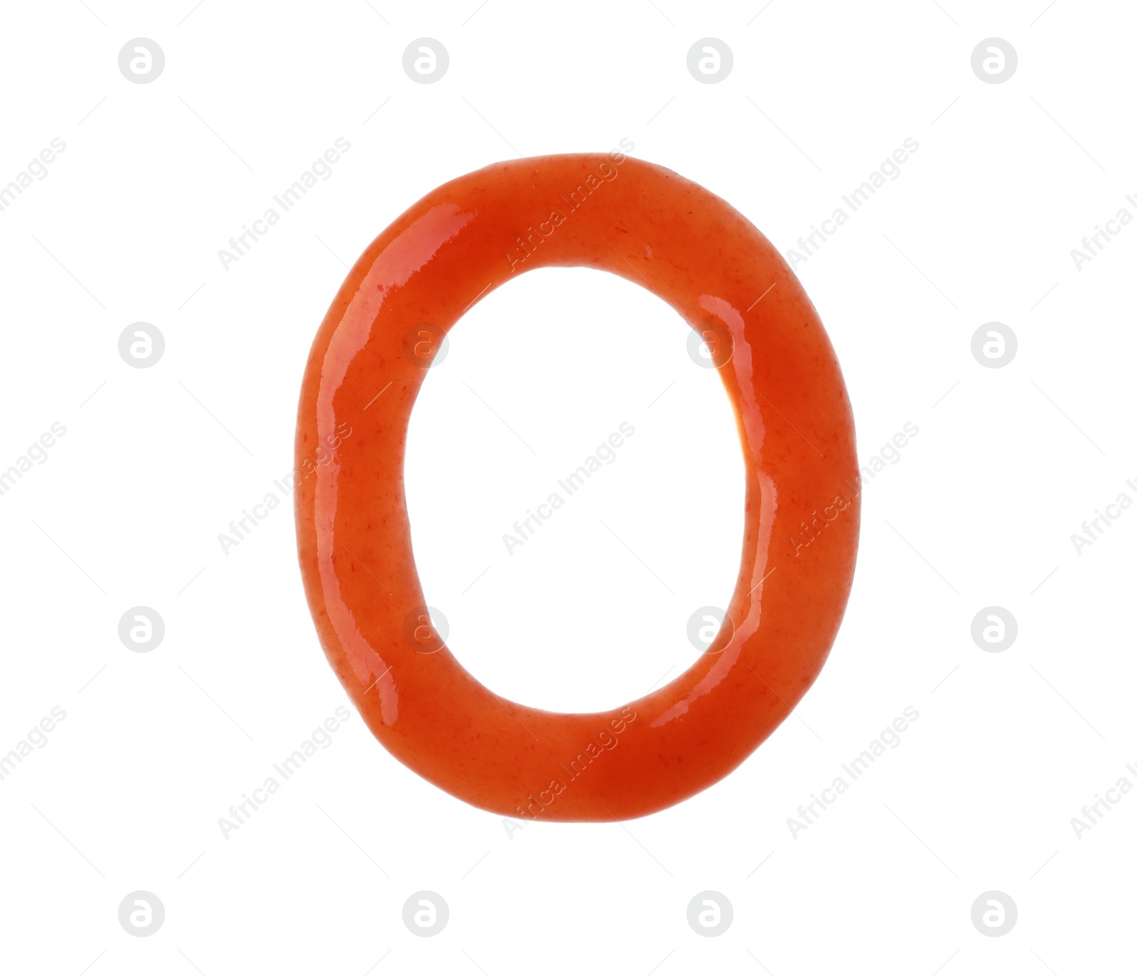 Photo of Letter O written with red sauce on white background